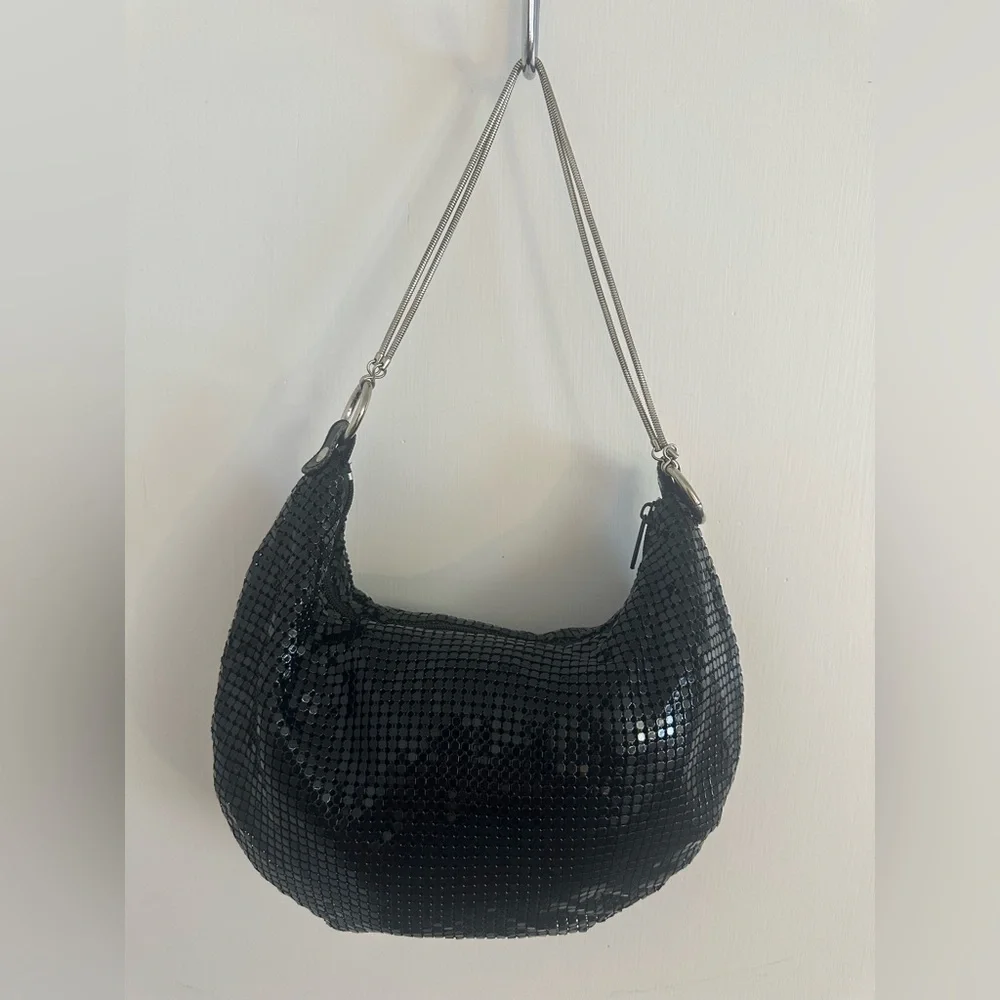 Vtg Y2K 90s Sequin Black Slouch Hobo Bag Purse Snake Metal Straps Bling Disco